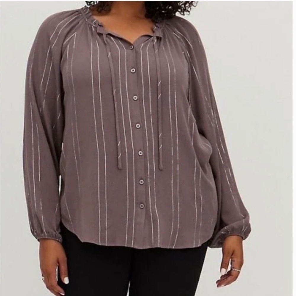 TORRID Plus Size 2 Crinkle Gauze Lurex Peasant Blouse Smoky Gray Mauve